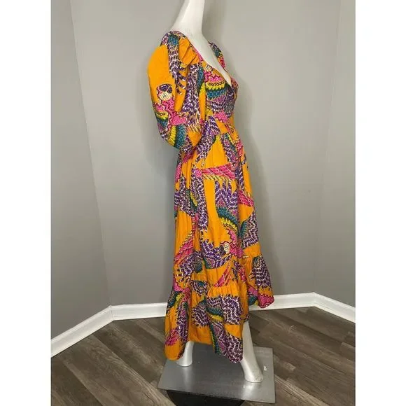 FARMRio Macaw Puff-Sleeve Midi Dress